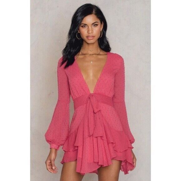 For Love & Lemons Mini Dress Sz Medium Swiss Dot Ruffled Tropical Summer Havana - Picture 1 of 13
